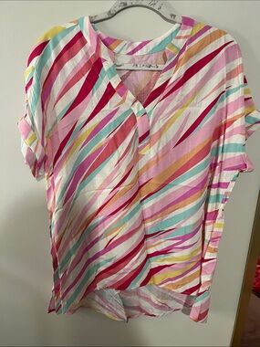 Women’s Multi-Stripe V-Neck Short Sleeve Blouse in Pink Multi